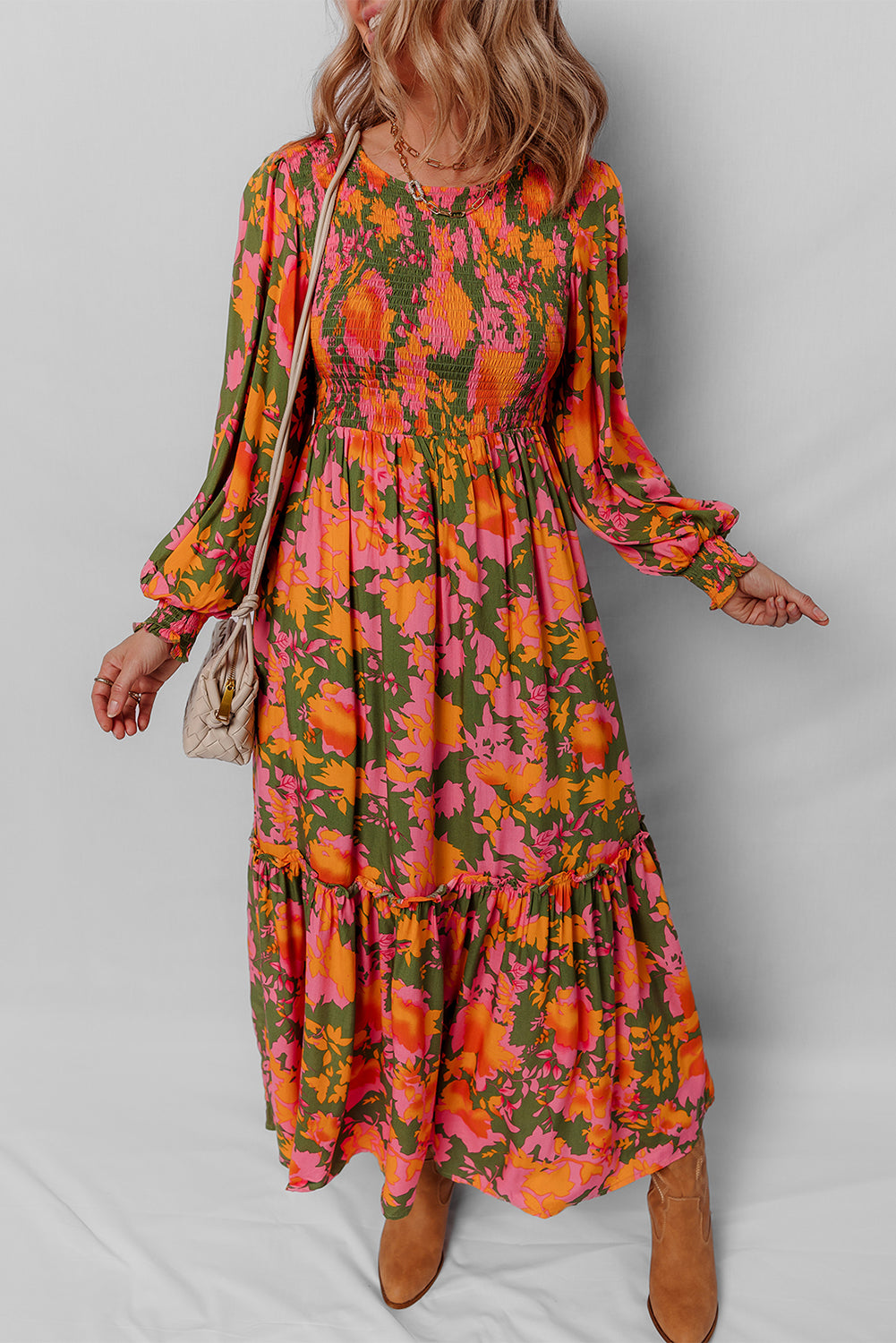 Floral Puff Sleeve Smocked Bodice Ruffled Long Dress