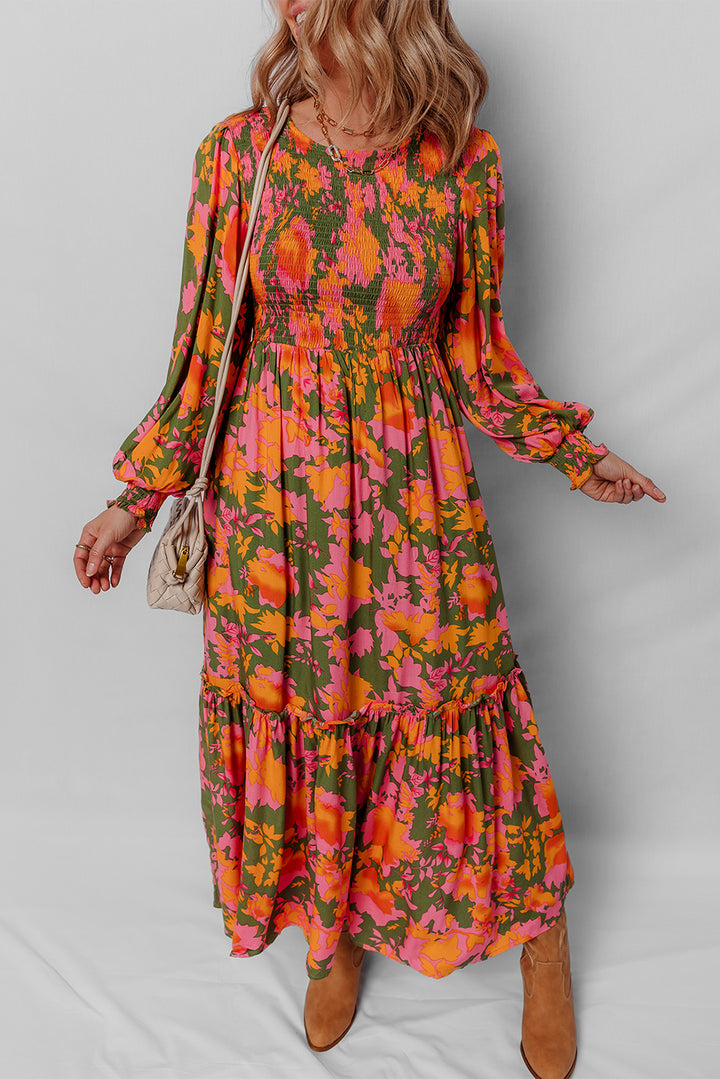 Floral Puff Sleeve Smocked Bodice Ruffled Long Dress