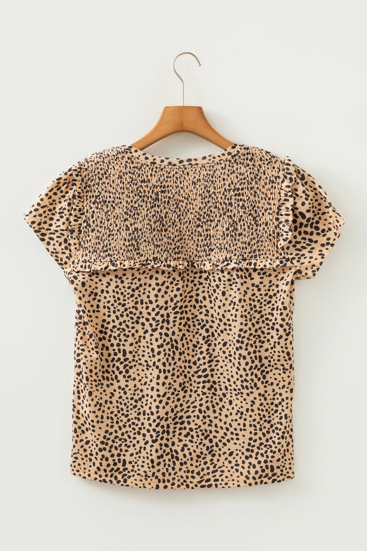 Cheeath Print Frilled V Neck Shirred Detail Short Sleeve Blouse