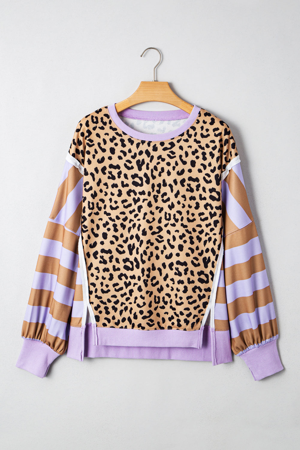 Color Block Patchwork Leopard Casual Sweatshirt with Slits