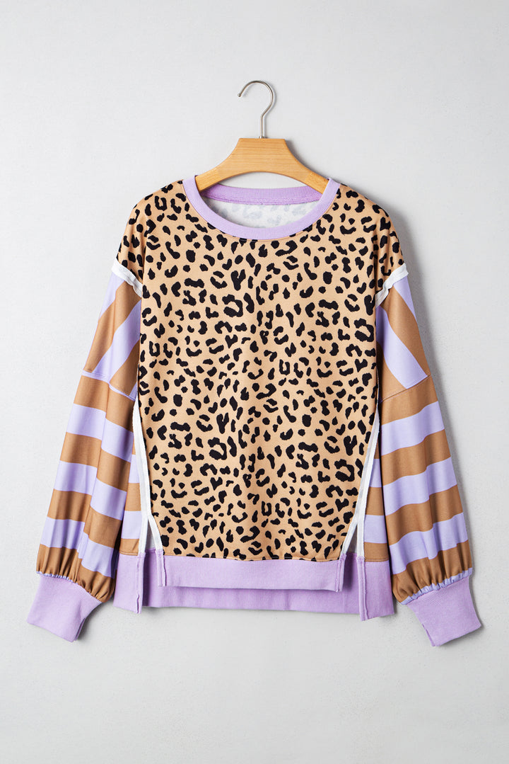 Color Block Patchwork Leopard Casual Sweatshirt with Slits