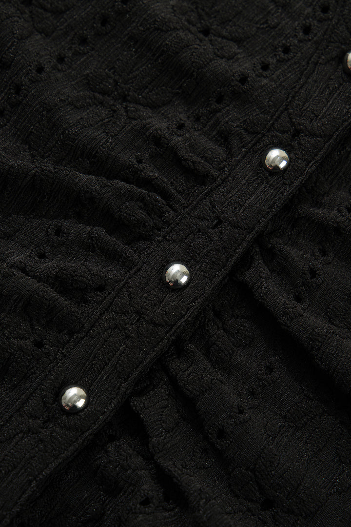 Black V Neck Floral Knit Long Sleeve Button Front Fit Blouse