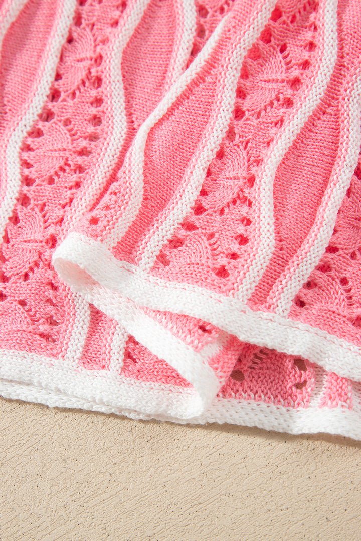 Pink Wavy Detail Hollow Out Knit Long Sleeve Cotton Pullover Sweater