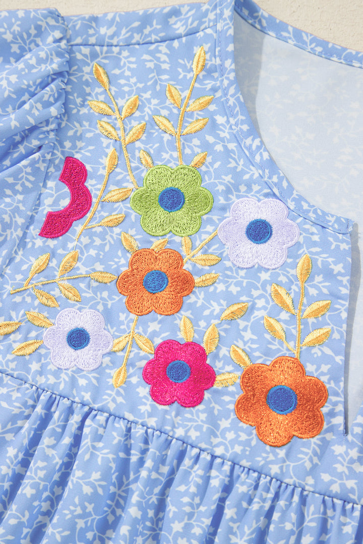 Floral Embroidered Puff Sleeve Notched V Neck Blouse