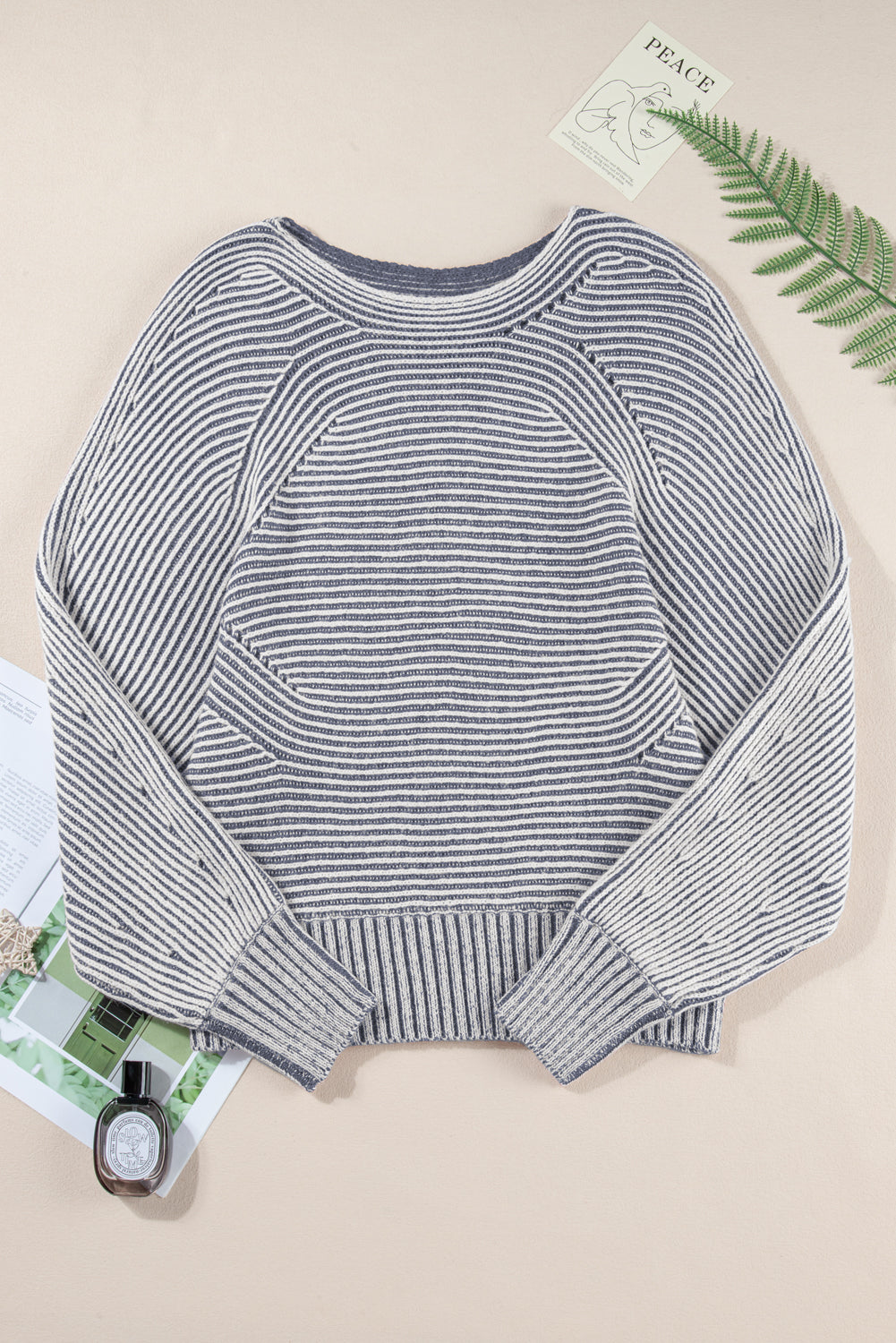 Striped Print Ribbed Knit Boat Neck Baggy Sweater