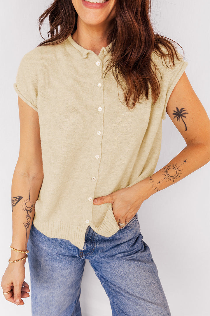Buttoned Front Rolled Hem Cap Sleeve Sweater Top
