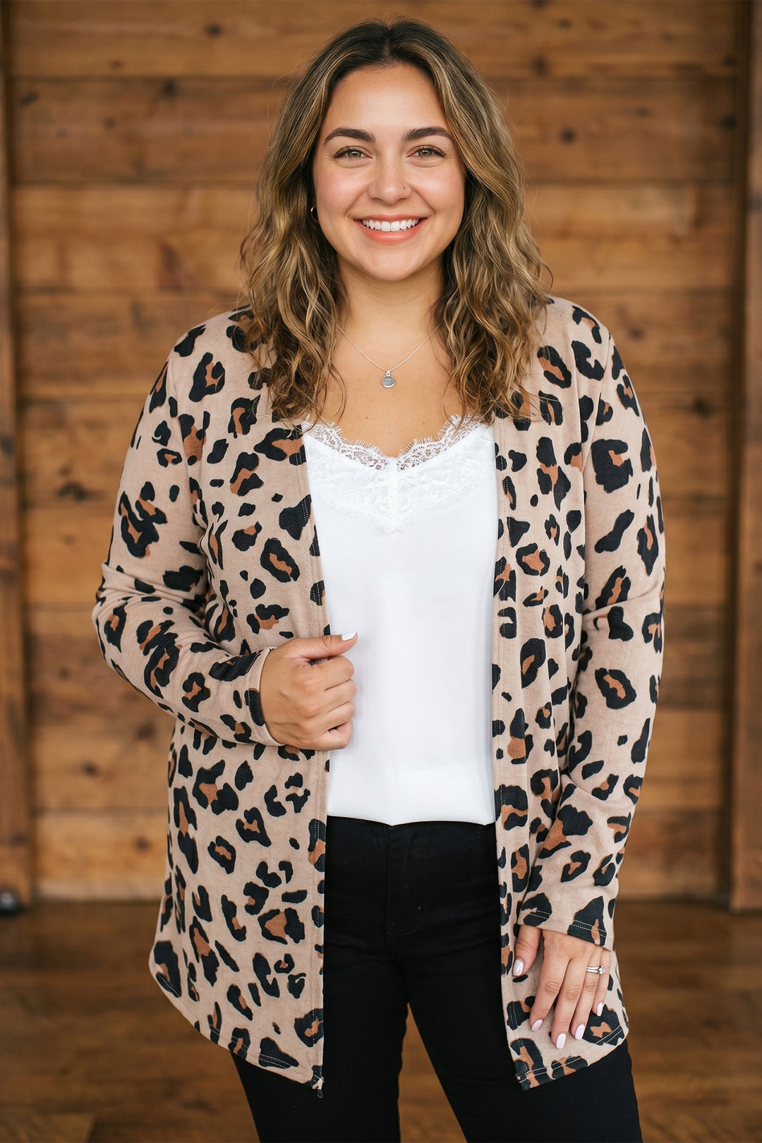 Khaki Leopard Print Tunic Plus Size Cardigan