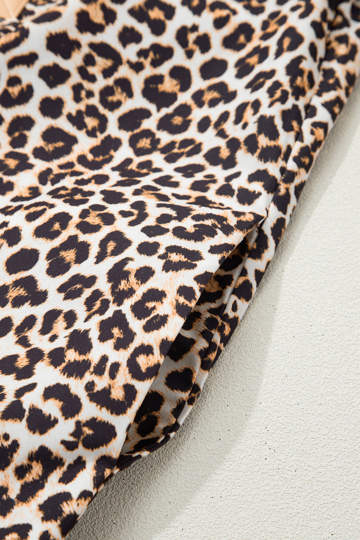 Khaki Button Striped Collar Leopard Print Long Sleeve Flared Dress