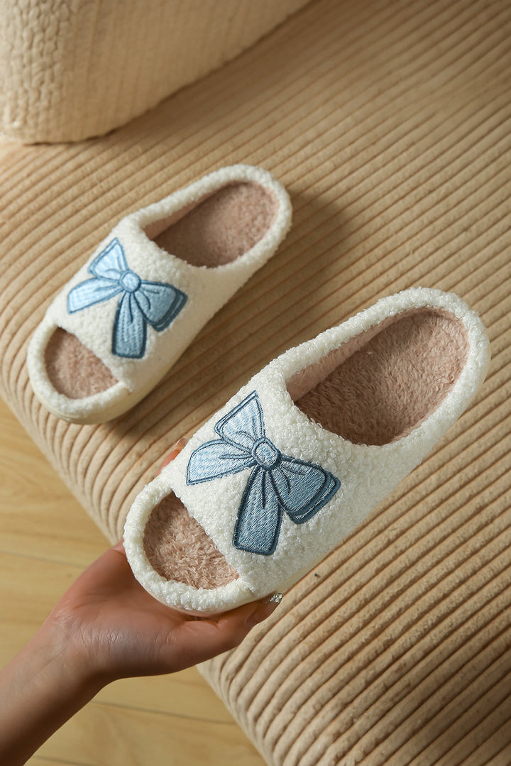 Bow Embroidered Open Toe Plush Slippers