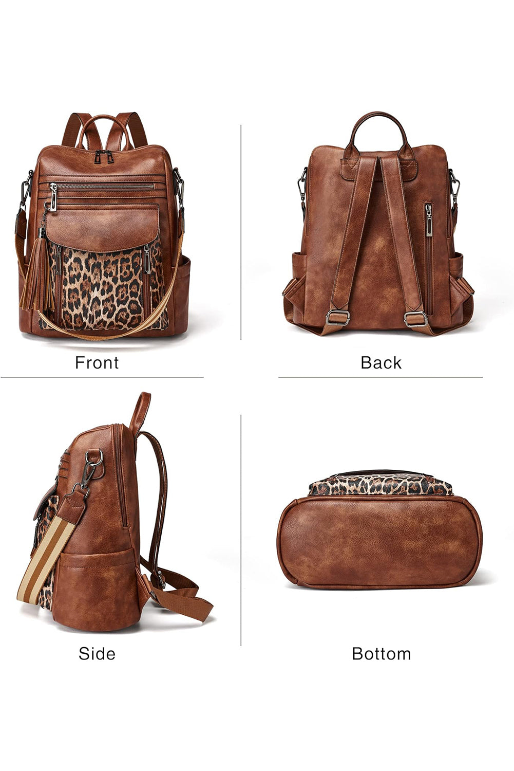 Sac à dos fonctionnel en cuir PU à motif patchwork léopard