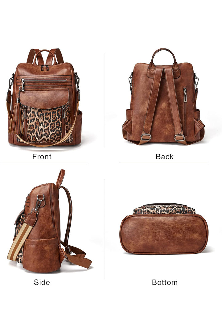 Sac à dos fonctionnel en cuir PU à motif patchwork léopard