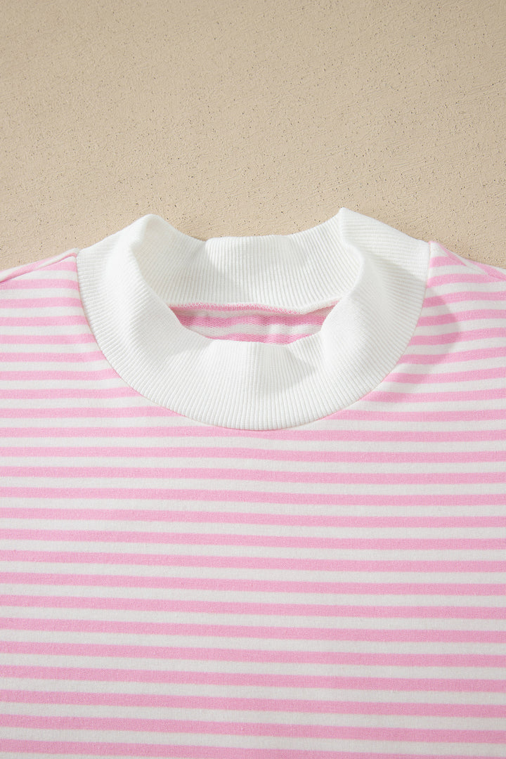 Pink Stripe Cuffed Short Sleeve Contrast Mock Neck Tee Dress