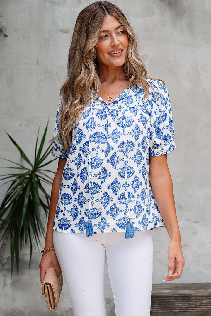 Geometric Print Tassel Drawstring V Neck Blouse