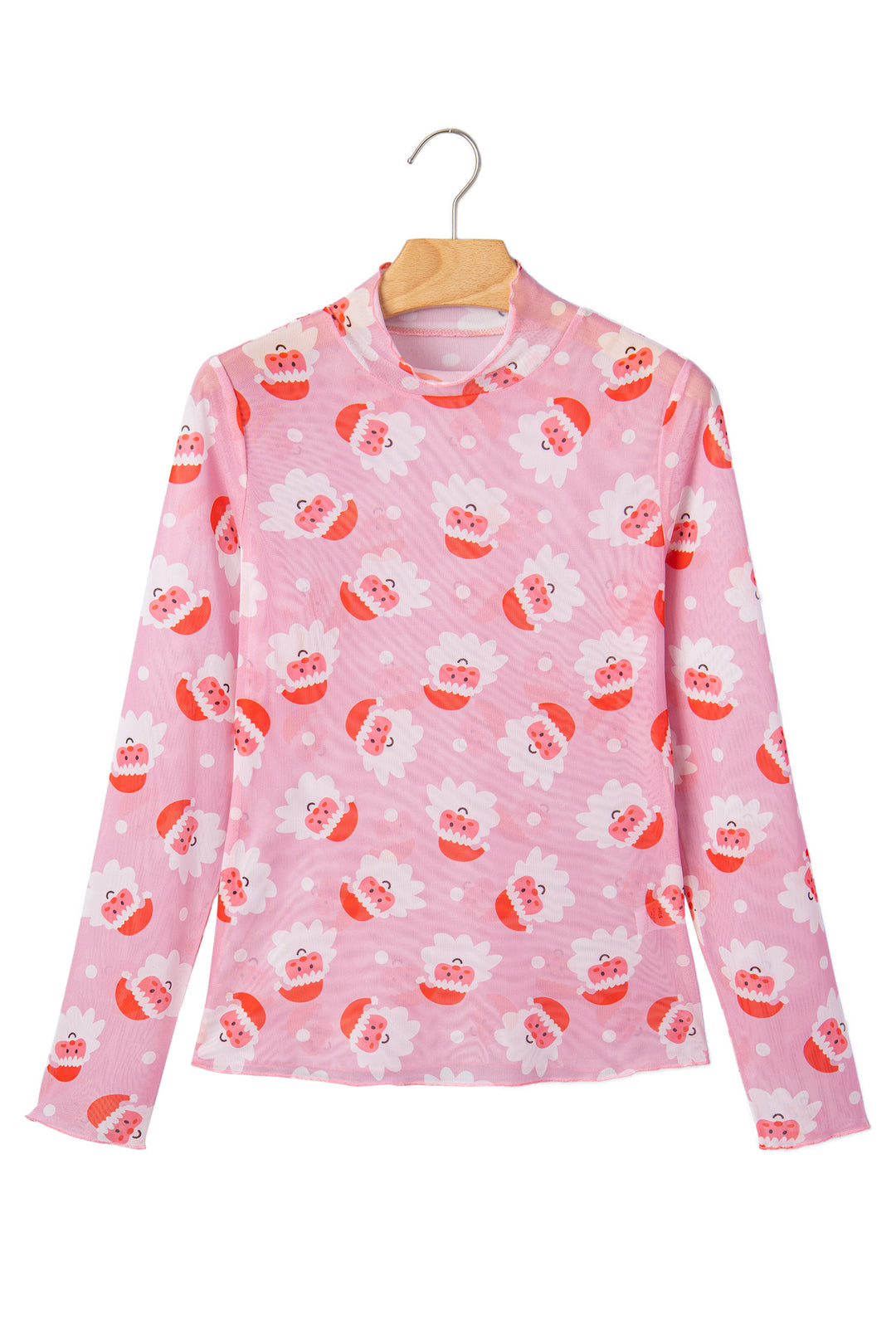Pink Abstract Santa Print Stand Neck Sheath Long Sleeve Top