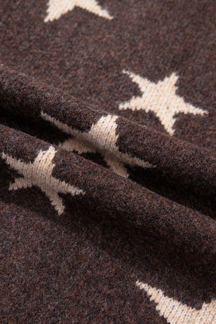 Brown Stars Pattern Colorblock Long Sleeve Shift Wool Cardigan
