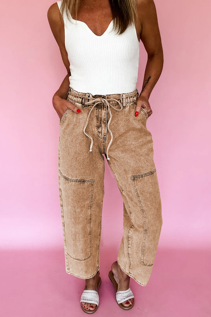 Smoke Gray Acid Wash Tie Waist Denim Pants