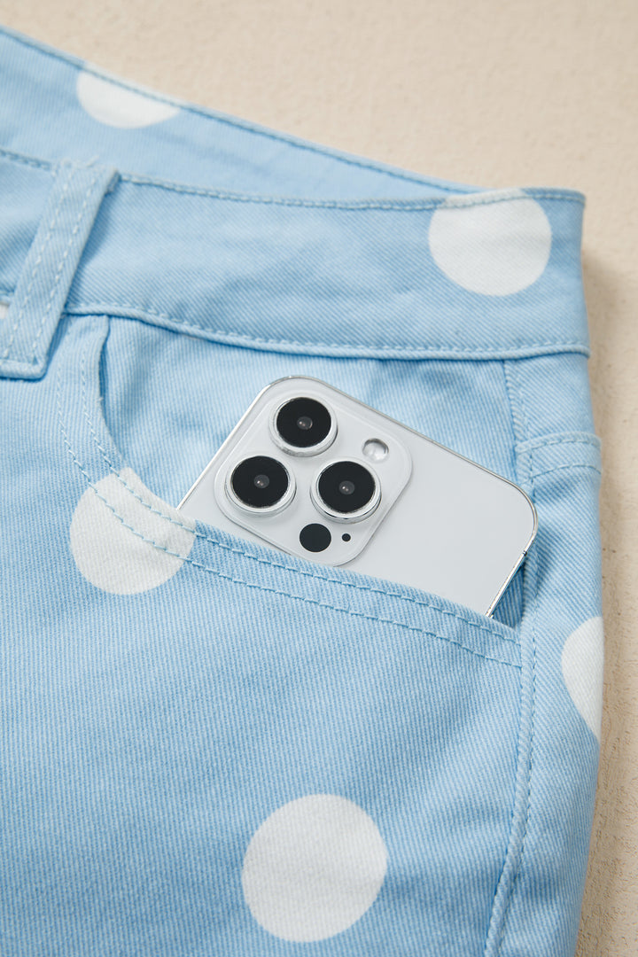 Sky Blue Polka Dot Print Raw Hem Shift Jeans