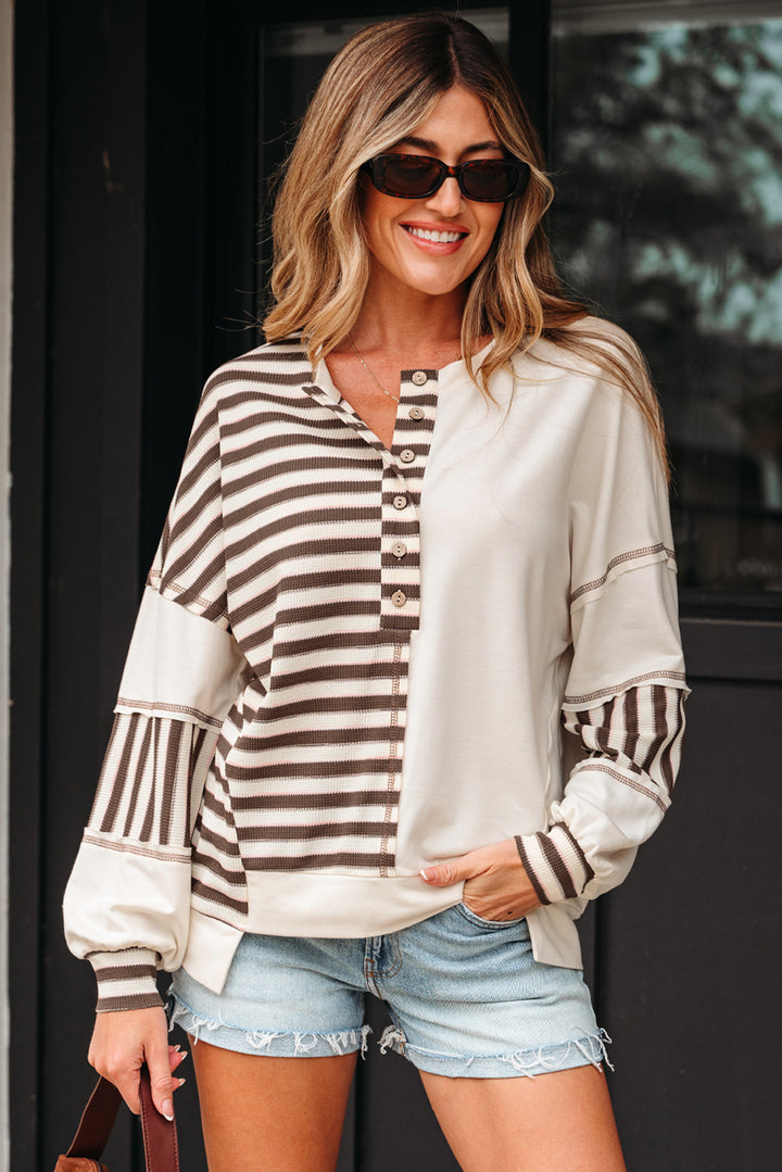 Khaki Stripe Color Block Patchwork Oversized Pullover Top