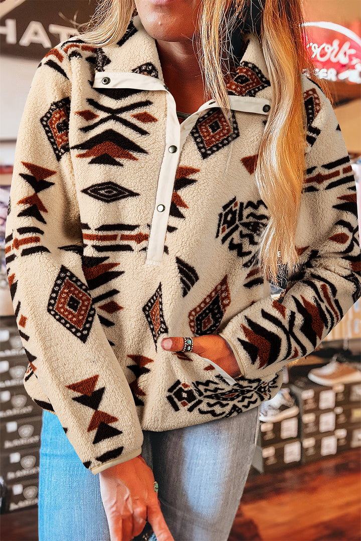 Beige Western Aztec Half Zip Plush Sweatshirt