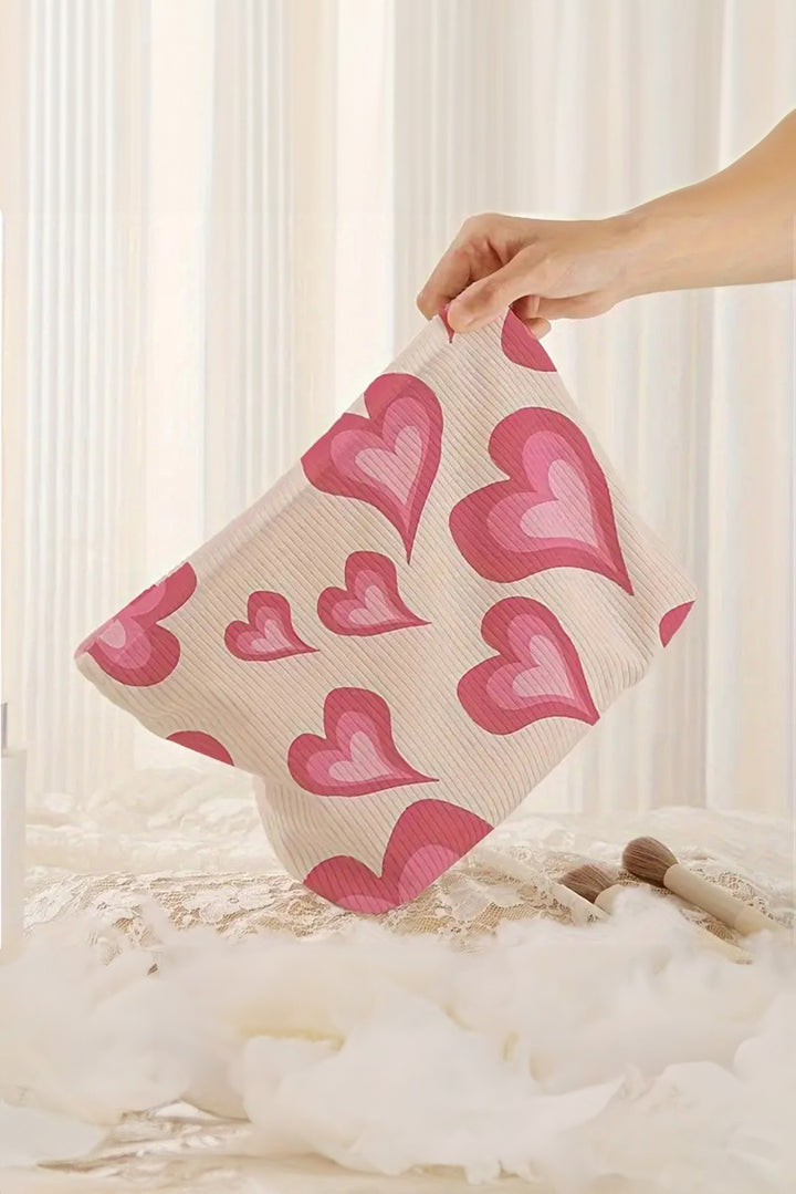 Hearts Print Zipper Corduroy Large Cosmetic Bag