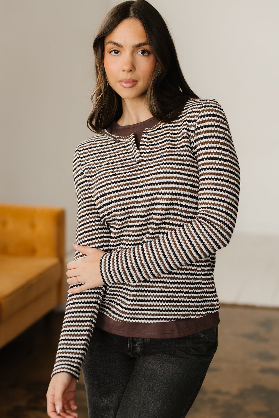 Faux Two Piece Textured Striped Round Neck Long Sleeve T Shirt