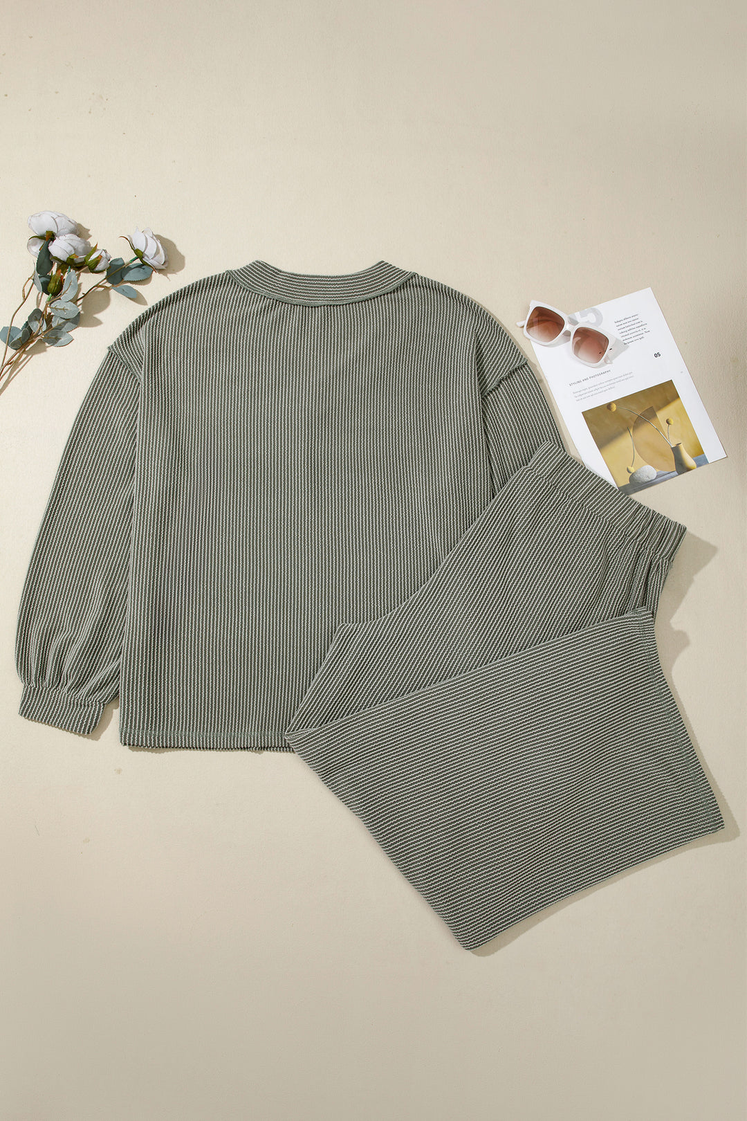 Four Leaf Clover Twisted Ribbed V Neck Pullover Plus Size Pant Set