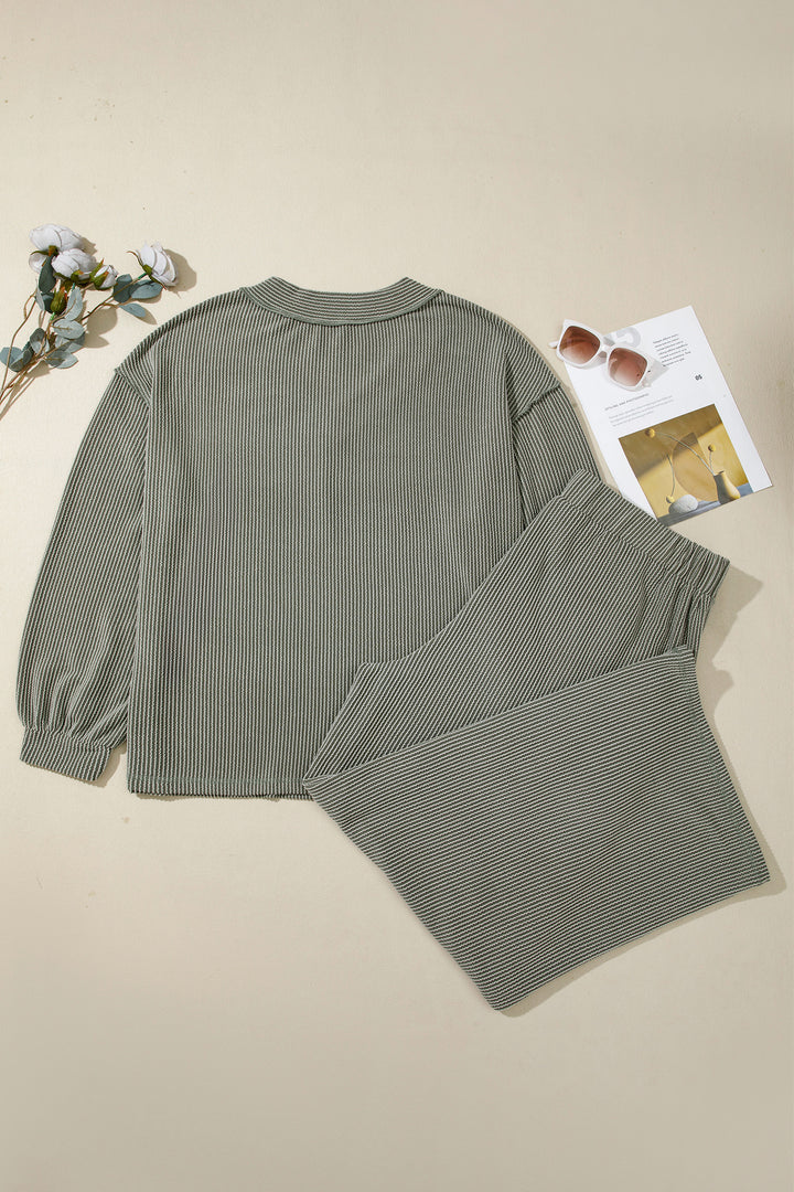 Four Leaf Clover Twisted Ribbed V Neck Pullover Plus Size Pant Set