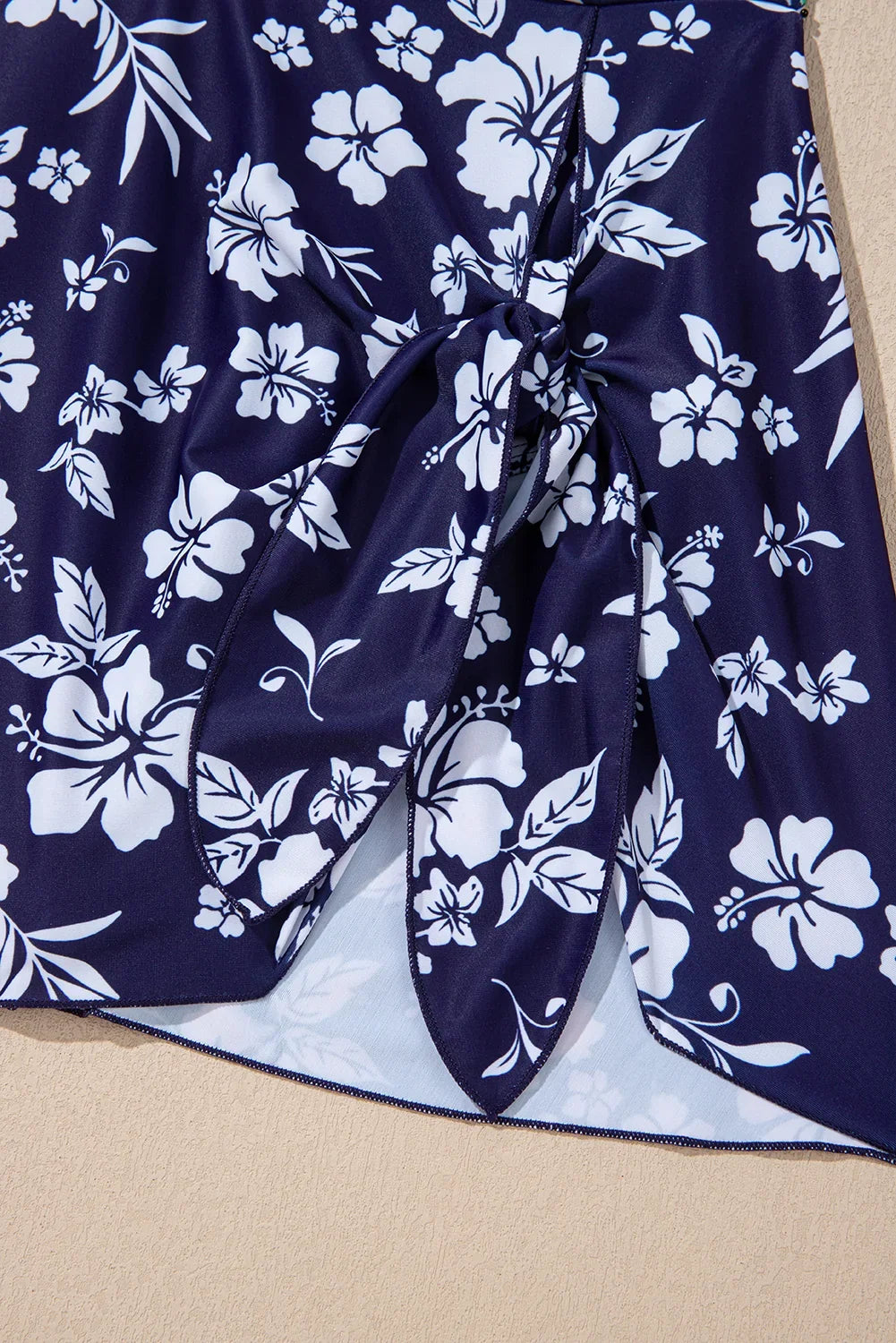 Blue Crossed Back Floral Print Asymmetric Knot Side One Piece Swimsuit