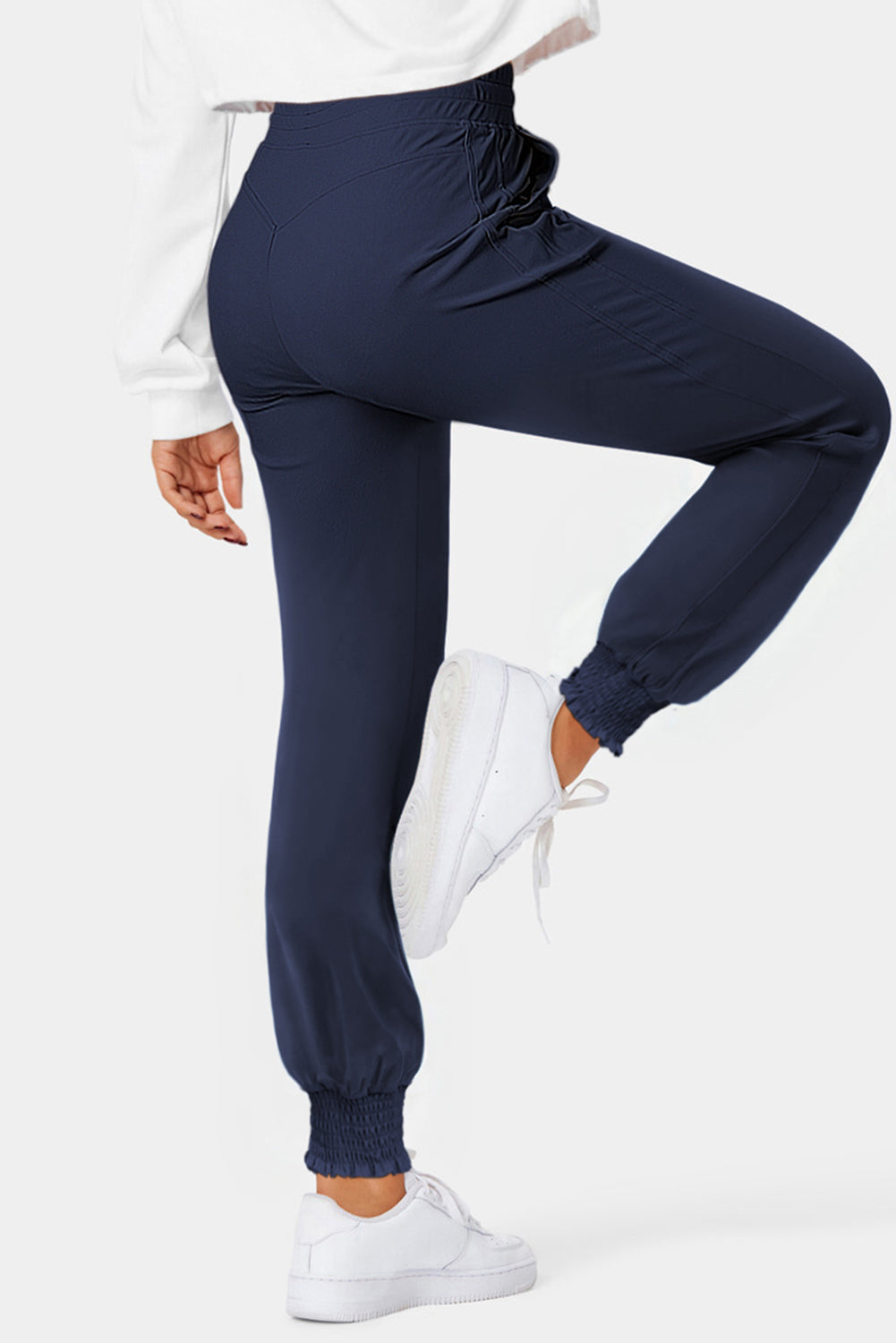 Navy Blue Drawstring Elastic Waist Smocked Jogger Pants