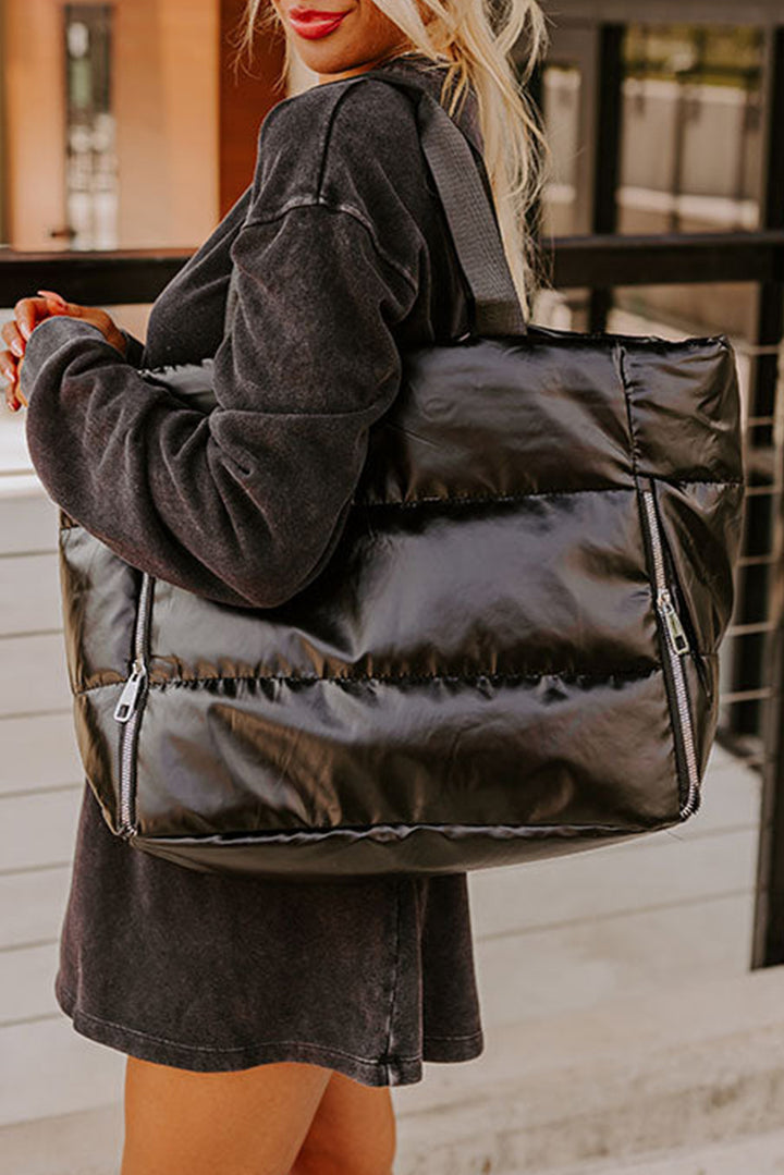 Solid Zipper Puffer Large Tote Bag