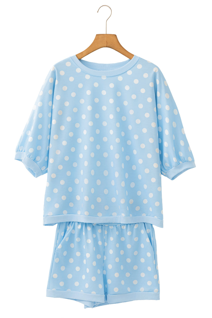 Sky Blue Polka Dot Oversized Top Drawstring Short Set