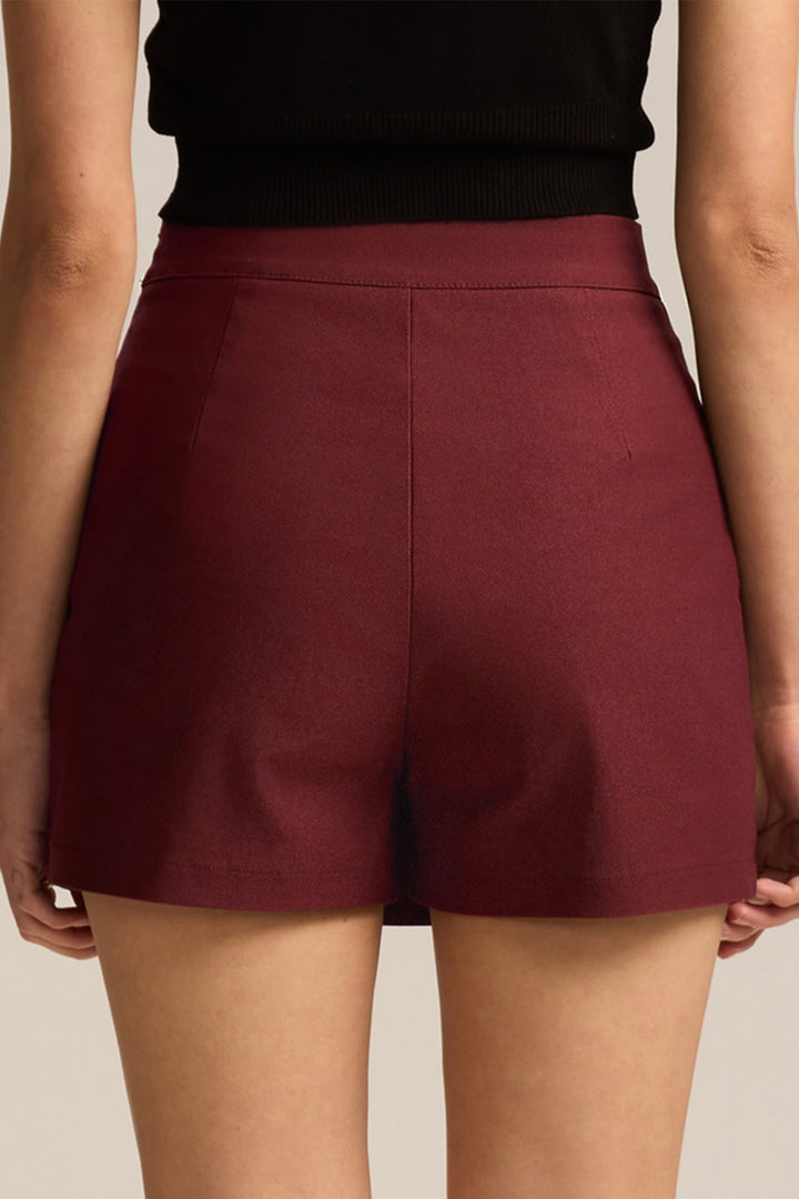 Burgundy Solid High Waist Split Front Casual Skort
