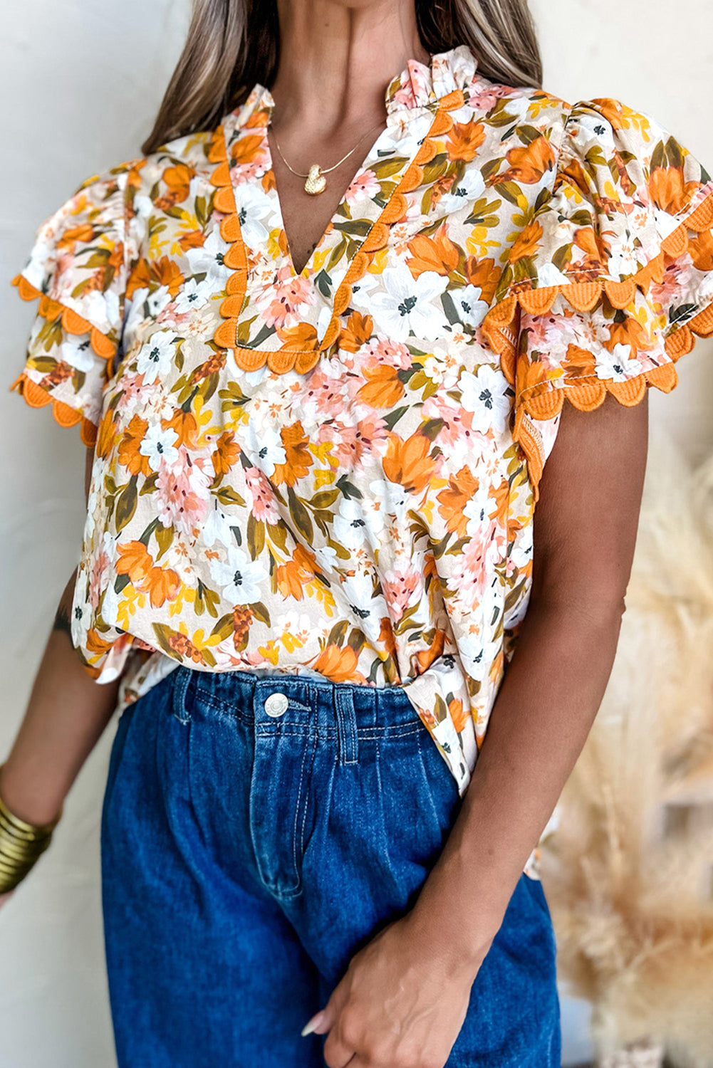 Ruffled V Neck Scalloped Short Sleeve Floral Blouse