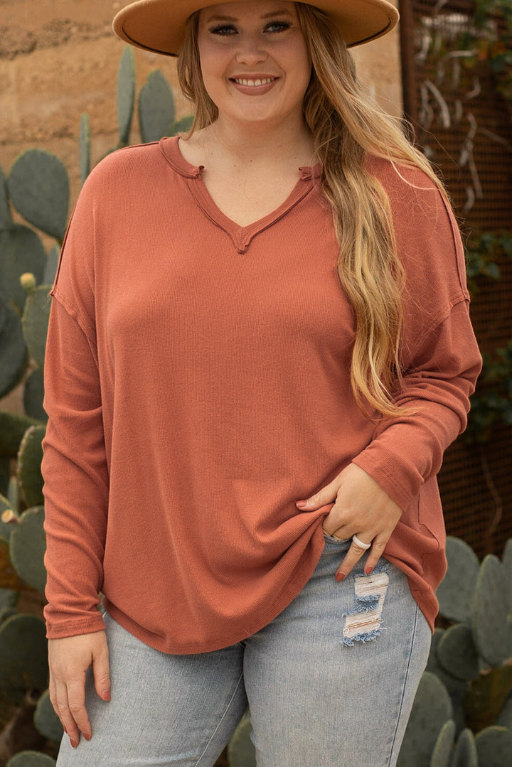 Plus Size Exposed Seam V Neck Long Sleeve Top