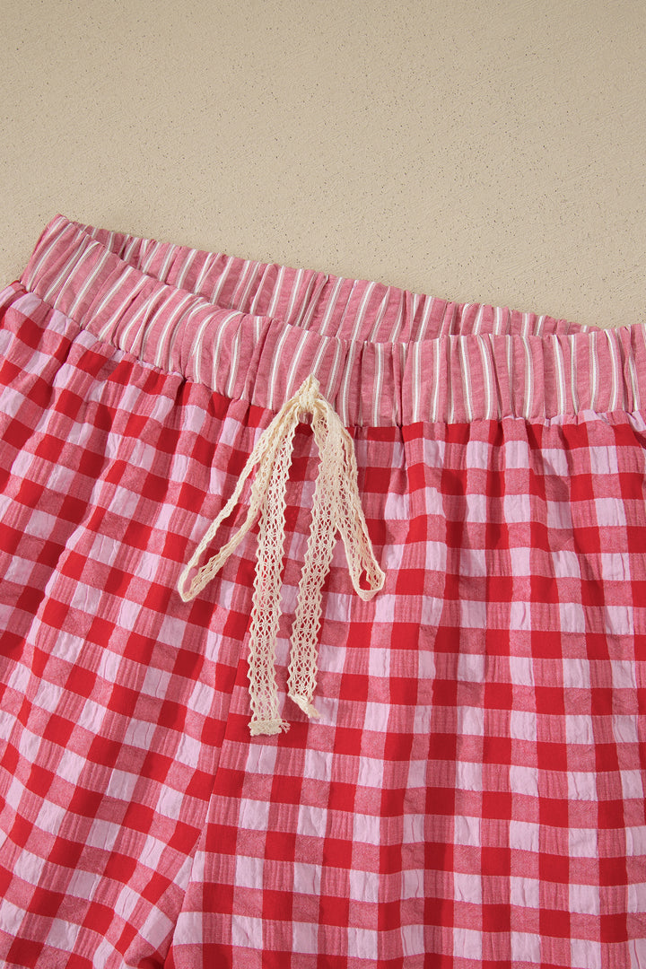 Red Gingham Print Ruffle Striped Detail Lace Tie Shorts