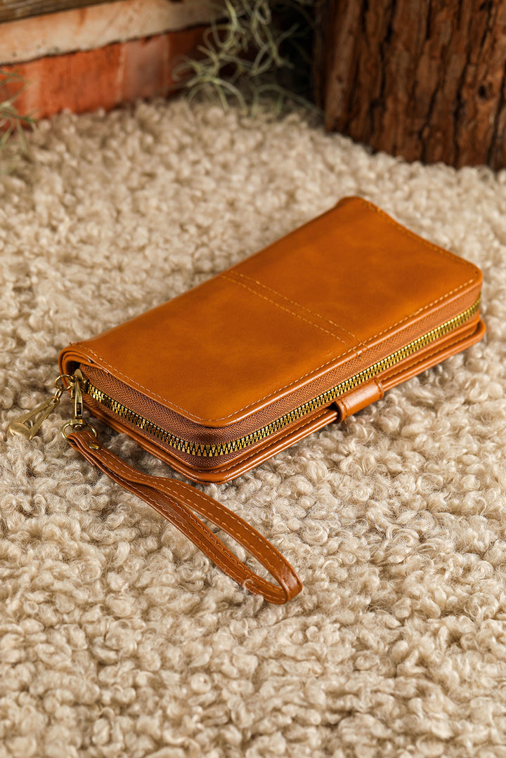 Faux Leather Zip Around Wrist Strap Long Wallet