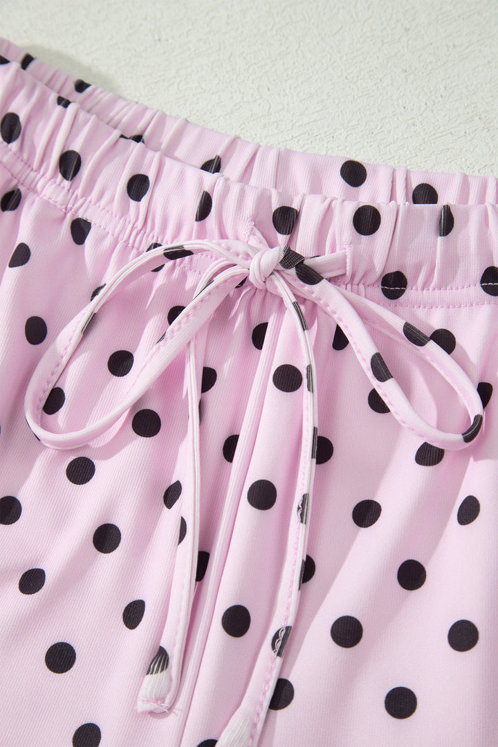 Pink Polka Dot Halter Tank Drawstring Elastic Waist Short Set