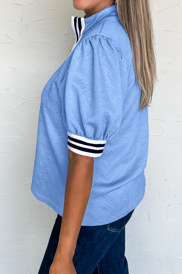 Myosotis Stylish Textured Stripe Trim Split Neck Puff Sleeve Top