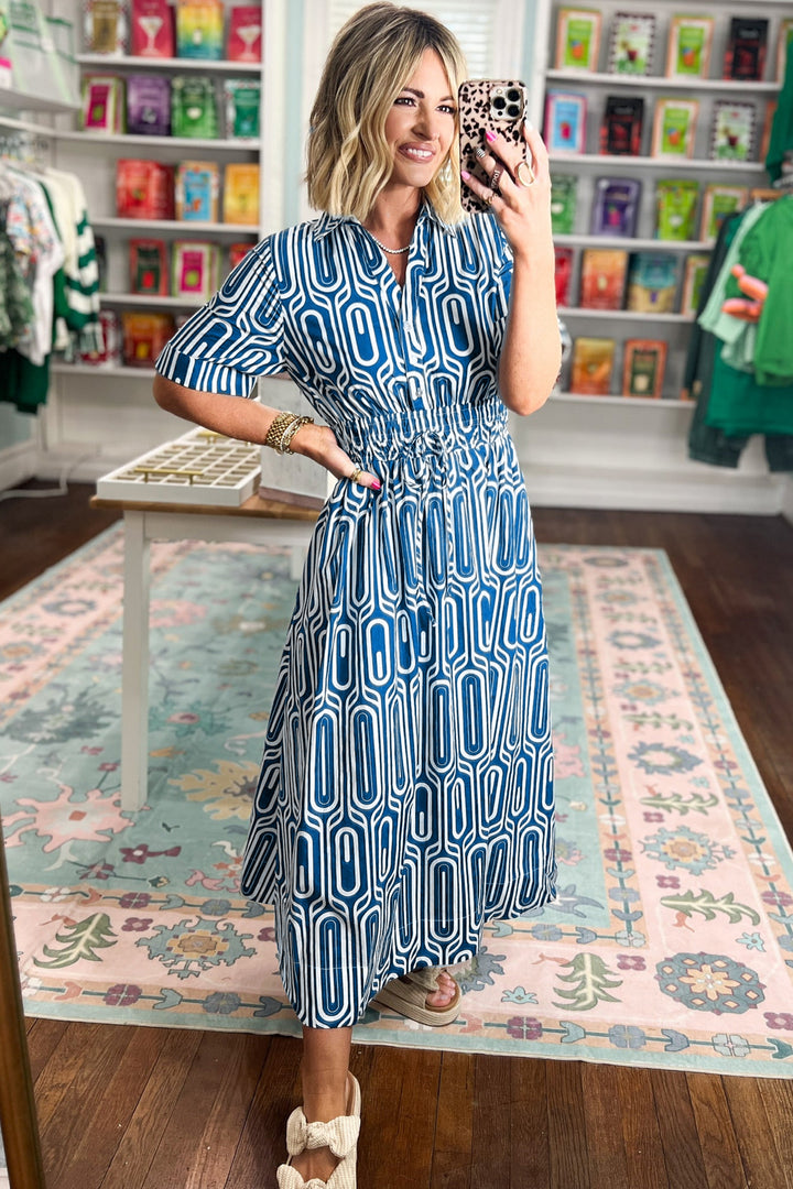 Blue Geometric Print Short Sleeve Shirt Collar Dress
