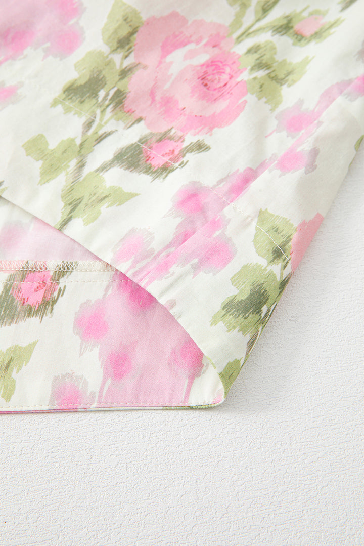 Pink Floral Print Ruffled Sleeve Summer Top