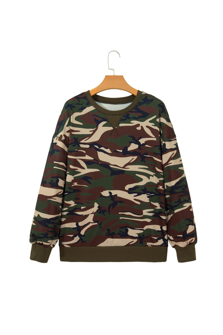 Multicolour Camouflage Print Round Neck Baggy Pullover Sweatshirt
