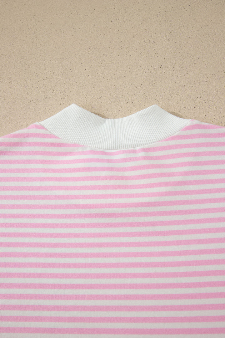 Pink Stripe Cuffed Short Sleeve Contrast Mock Neck Tee Dress