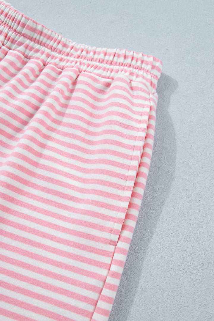 Pink Stripe Cuffed Sleeve Contrast Mock Neck Tee Casual 2pcs Short Set