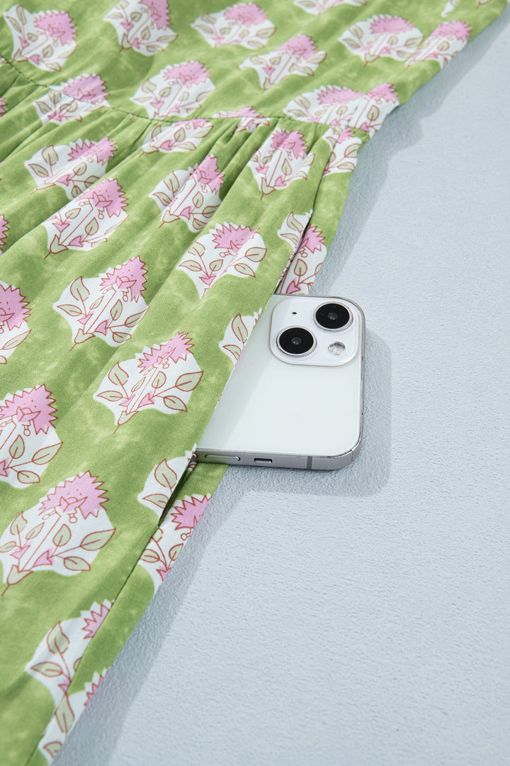 Green Floral Print Striped Detail Knot Straps Maxi Dress