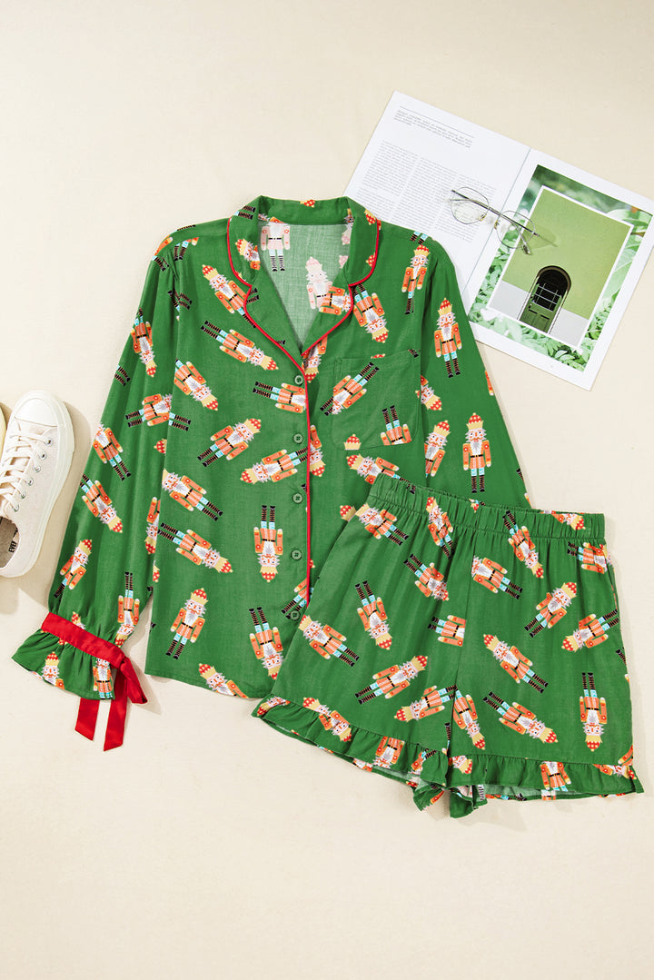 Green Christmas Candy Contrast Trim Bow Knot Silky 2pcs Pajama Set