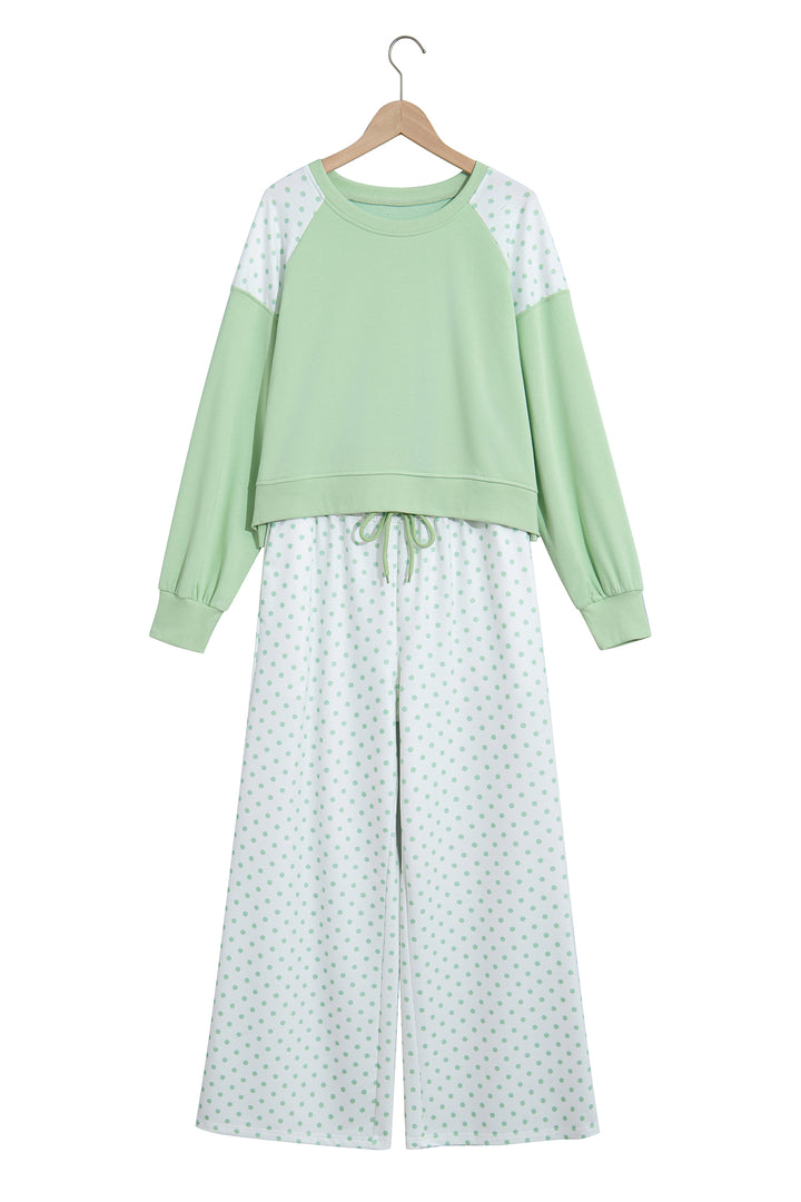 Green Polka Dot Patchwork Colorblock Long Sleeve Casual Two Piece Pants Set