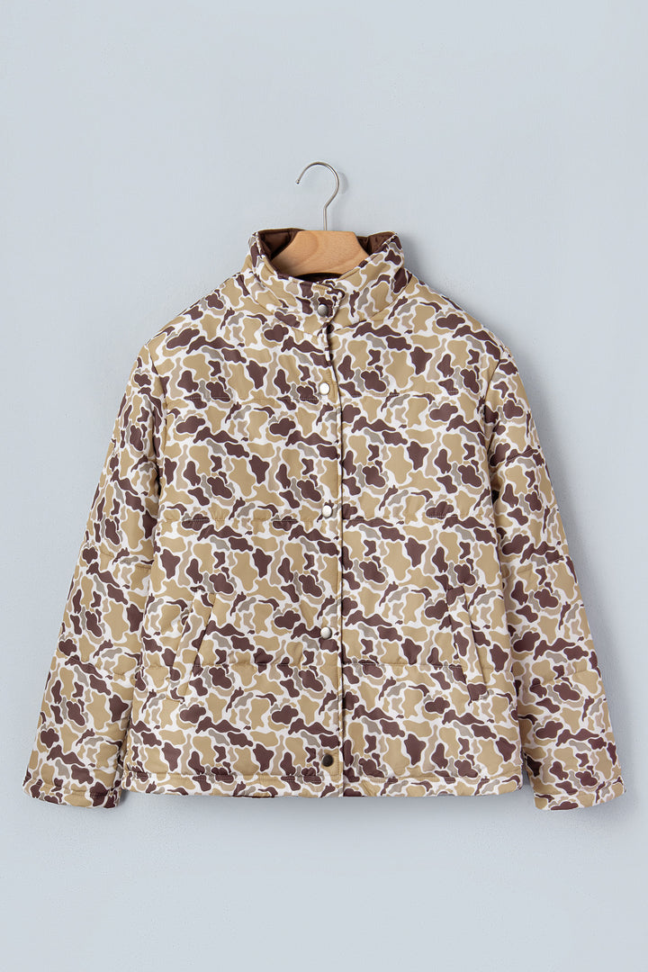 Multicolour Camouflage Quilted Metal Button Collar Long Sleeve Puffer Coat