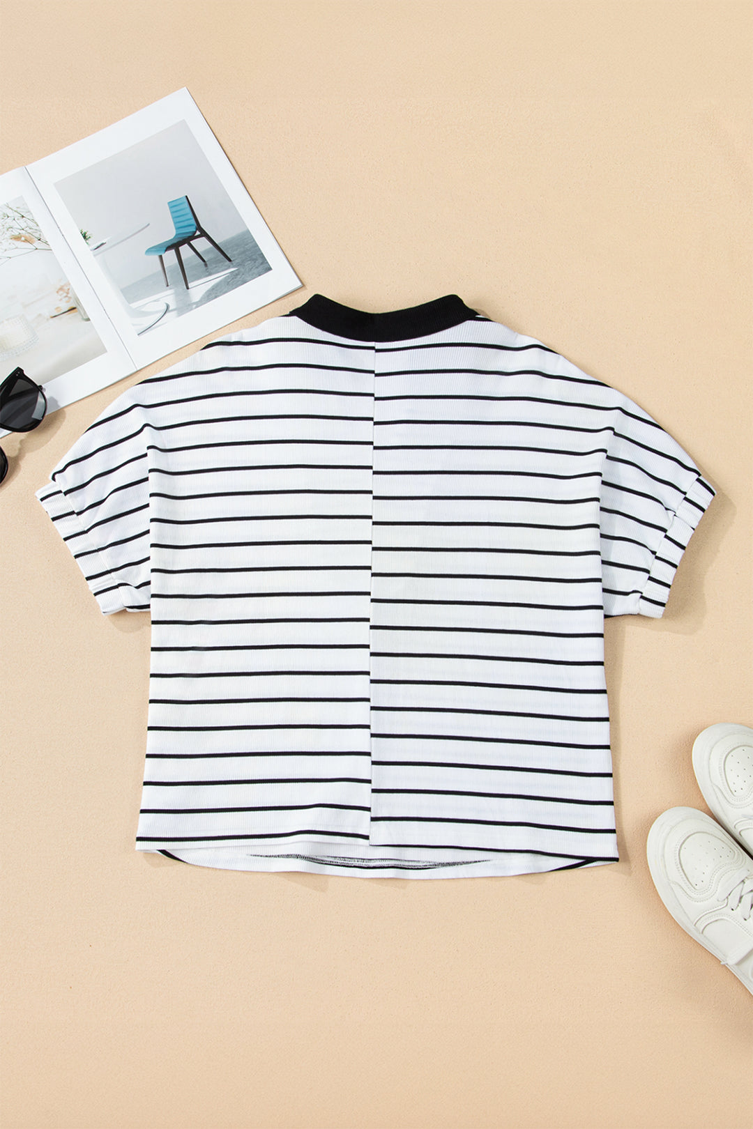 Stand Collar V Neck Elastic Cuffs Half Sleeve Dolman Top