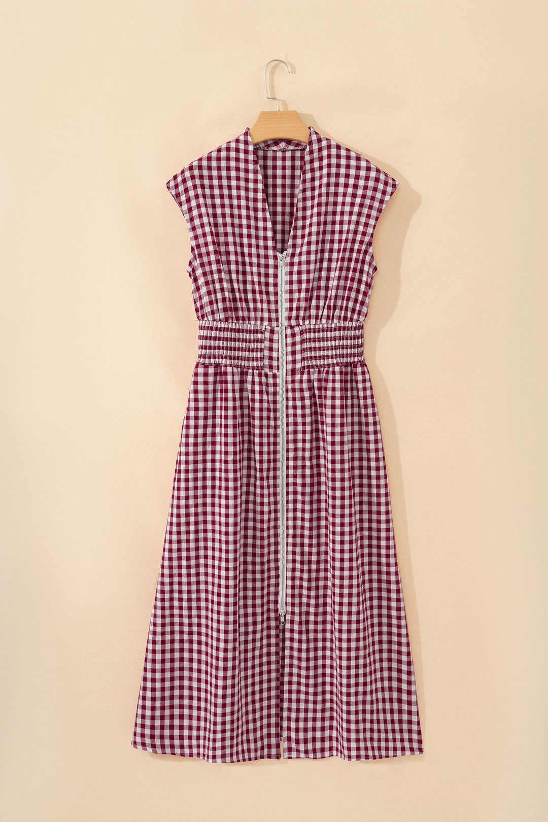 Red Plaid Print Full Zipper Cinched Waist Fit Flare Sleeveless Maxi Dress