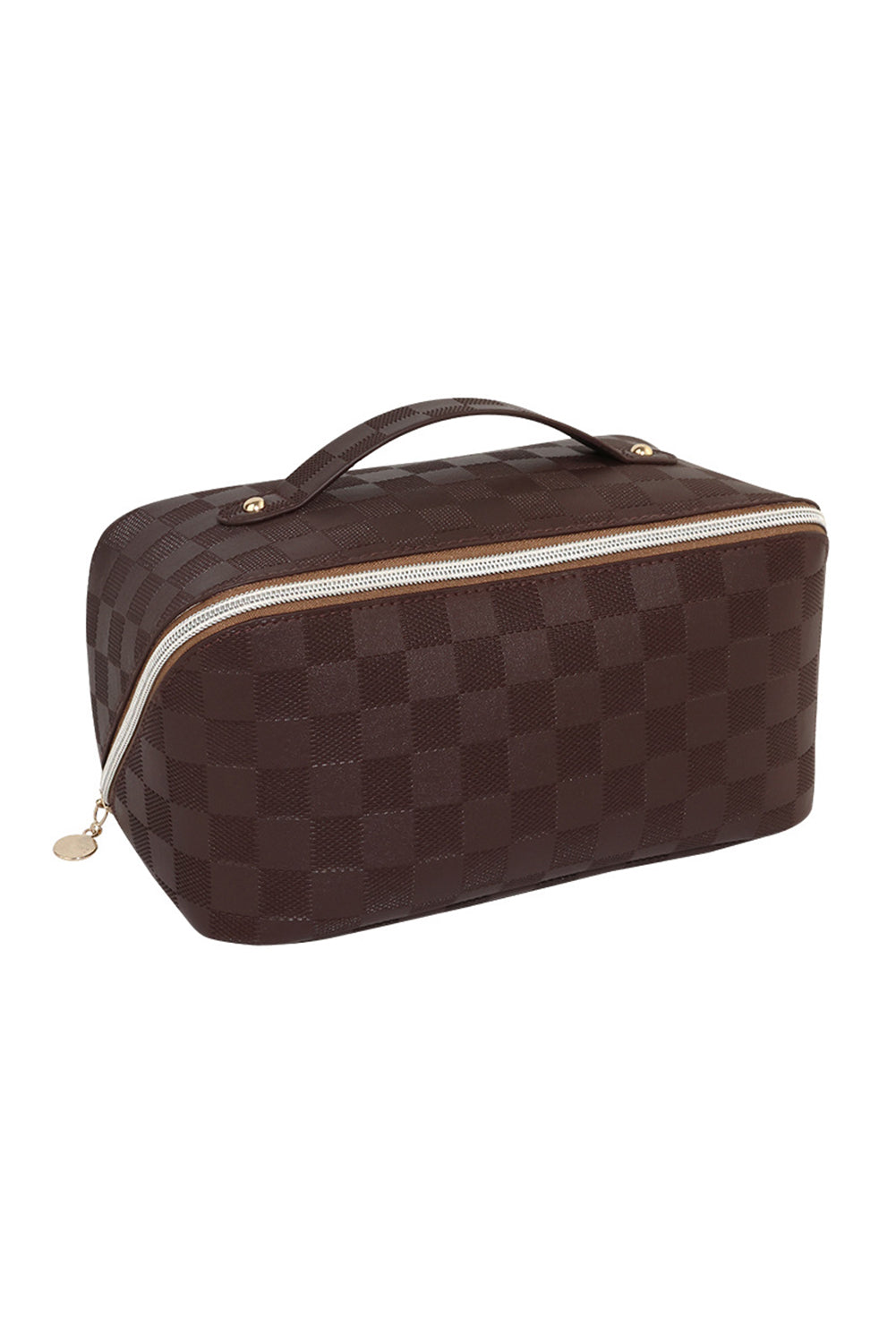 Checkered Zipper Handle PU Leather Travel Makeup Bag